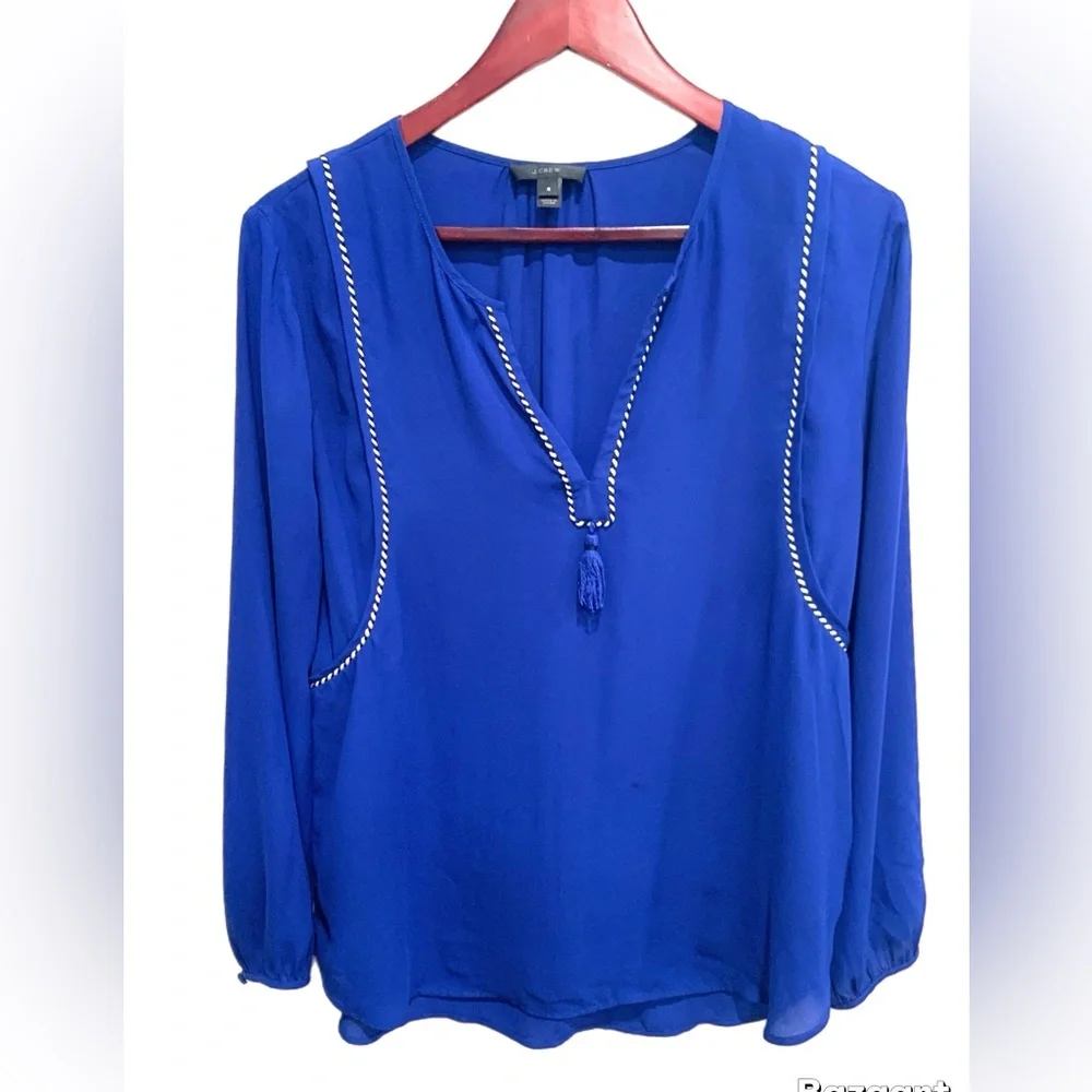 J. Crew Royal Blue Tassel V-Neck Blouse