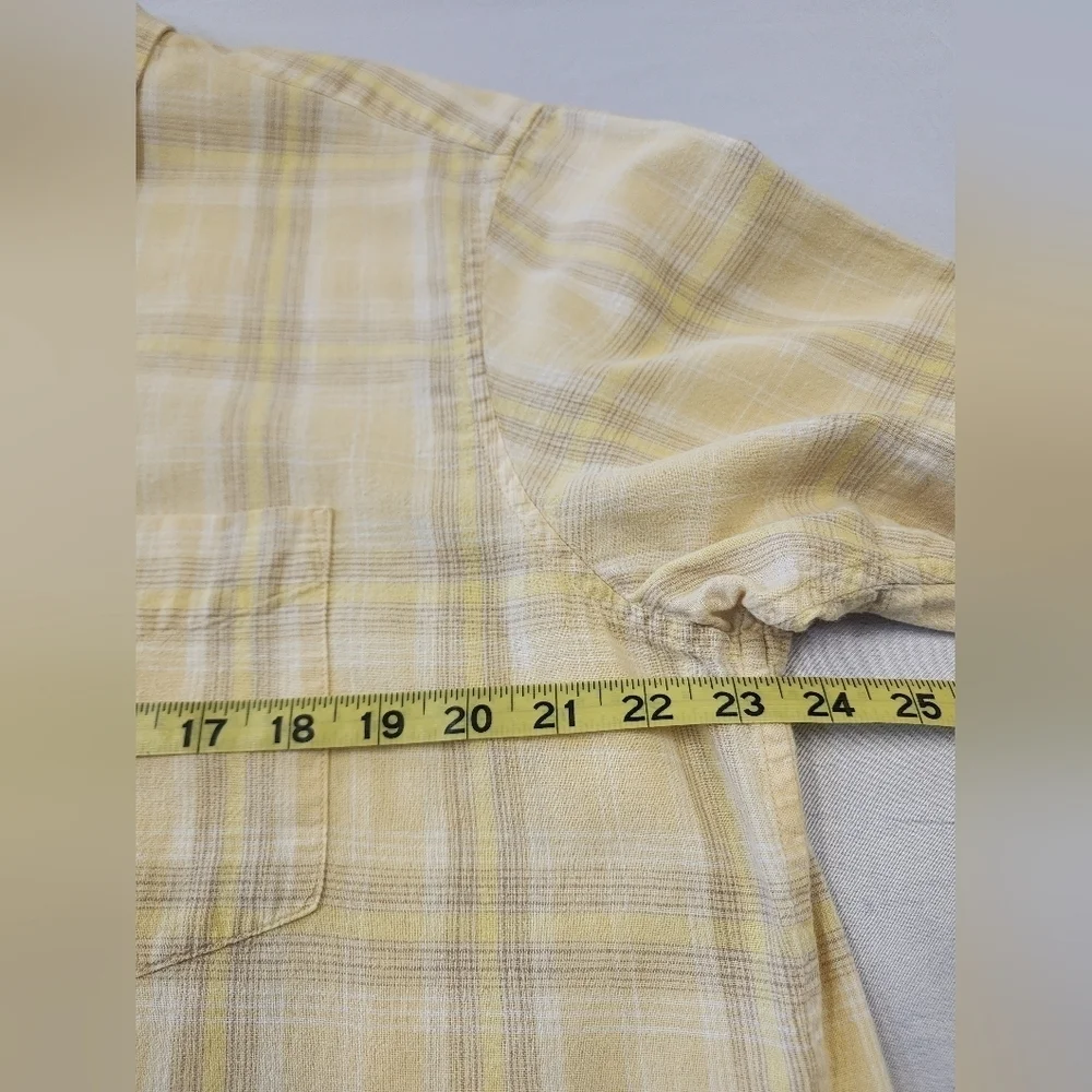 Banana Republic Button Down Shirt Yellow Plaid Short Sleeve Linen Size 16-16.5