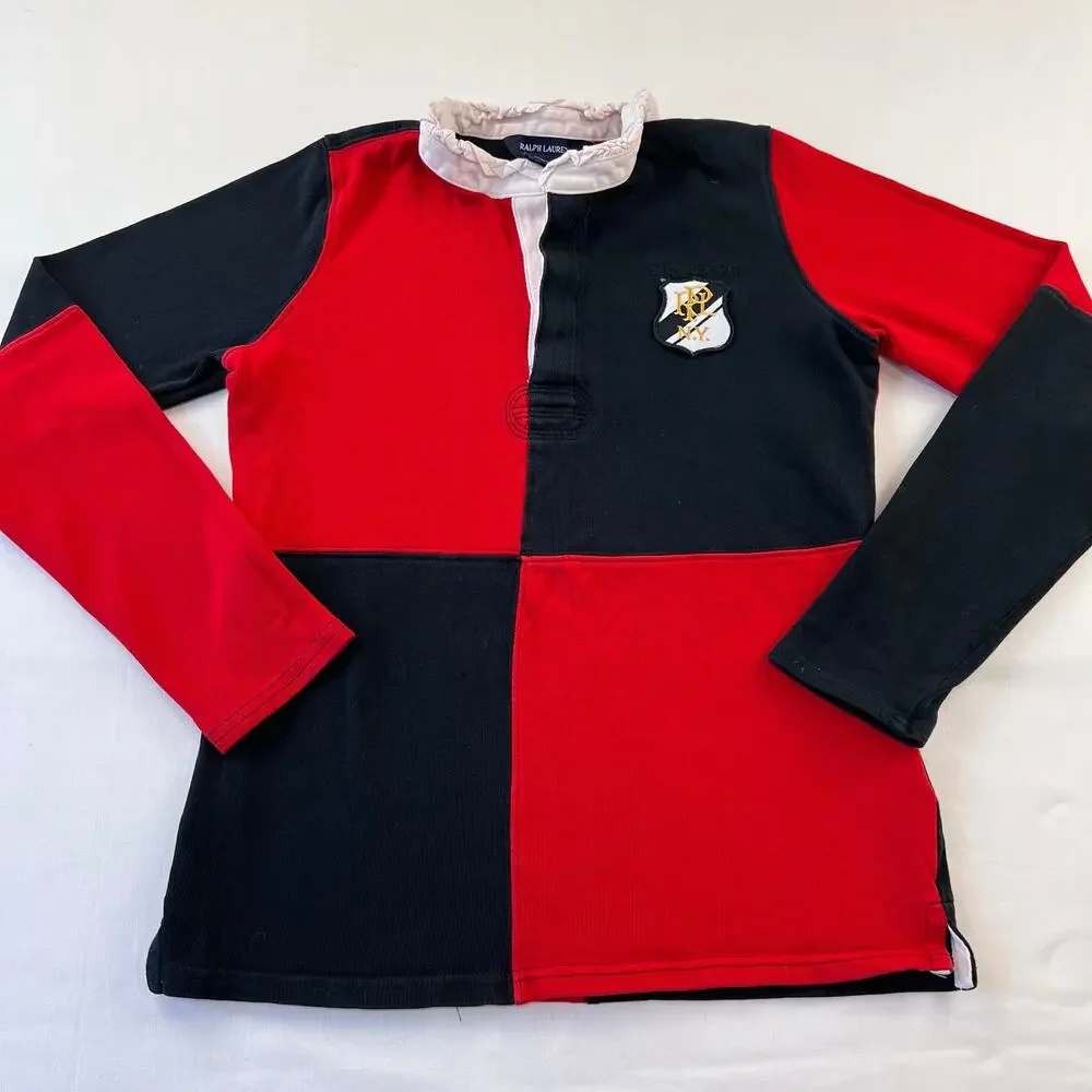 Ralph Lauren Girls Rugby Polo Shirt Red Black Block Size Large 12/14 LRL NY