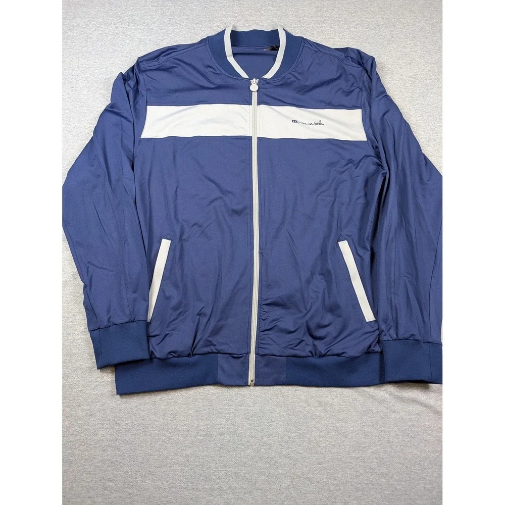 Travis Mathew Track Jacket Mens 2XL Blue White Full Zip Colorblock Golf Nylon