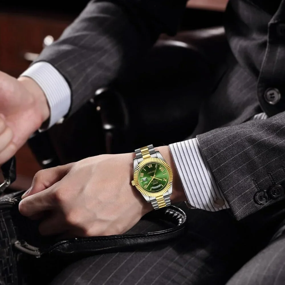 Men's Gold Silver Green Stain Steel Analog Classic Design Stylish Wrist Watch