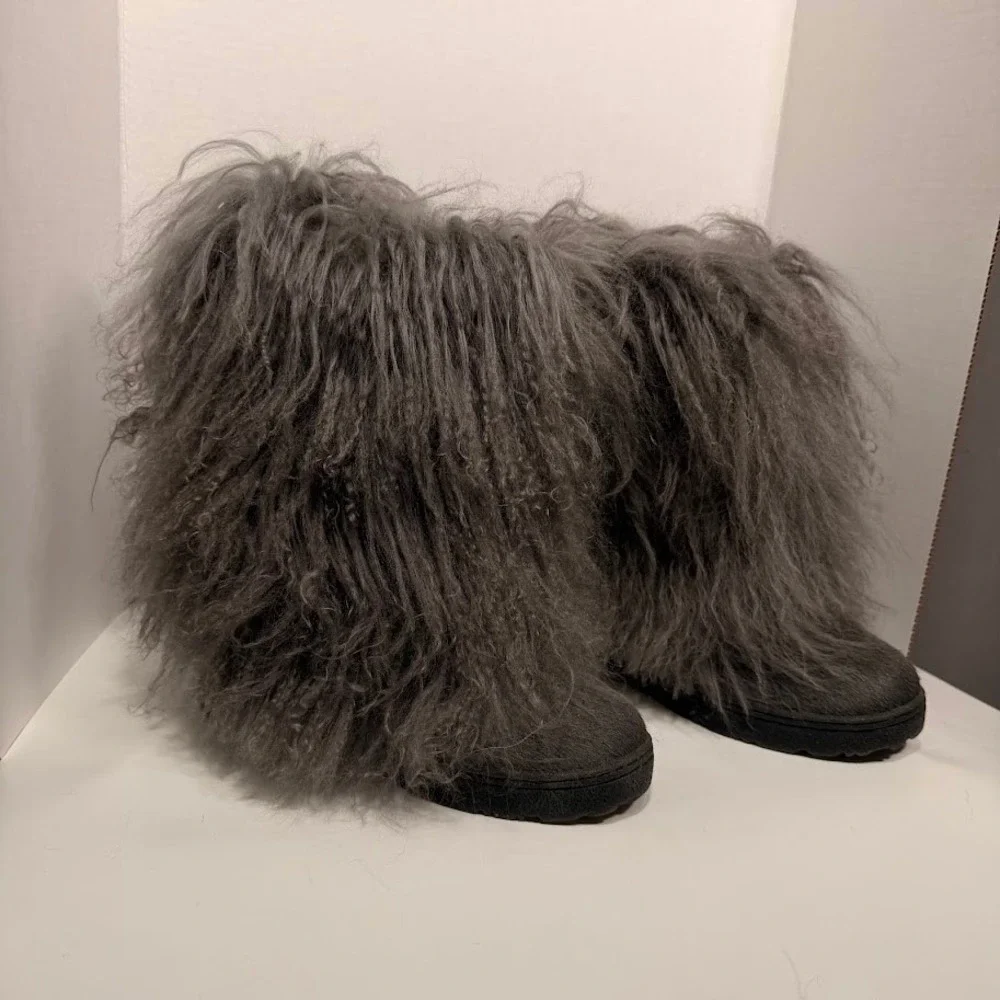 Bearpaw Boetis Grey Shaggy Fur Boots Cow Hair Curly Lamb Wool Sheep Womens 8