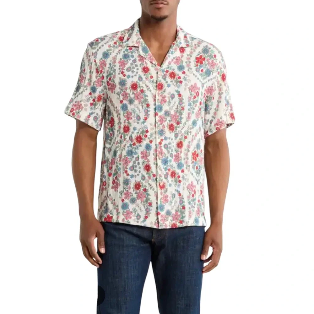 Denim & Flower Floal Print Camp Shirt Short Sleeve Button Up Men's Size XL