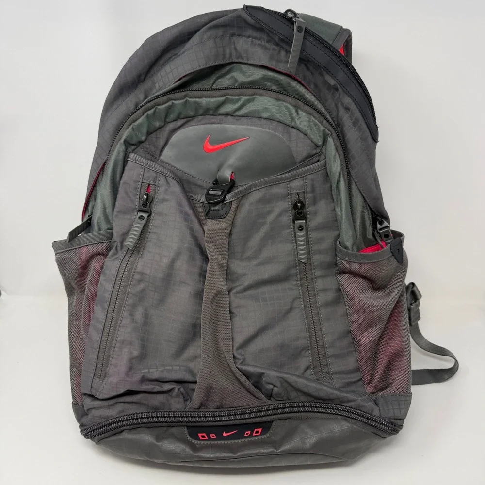 Nike Sport Backpack Grey Red Ripstop Multi-Pocket Shoe Compartment Training Bag