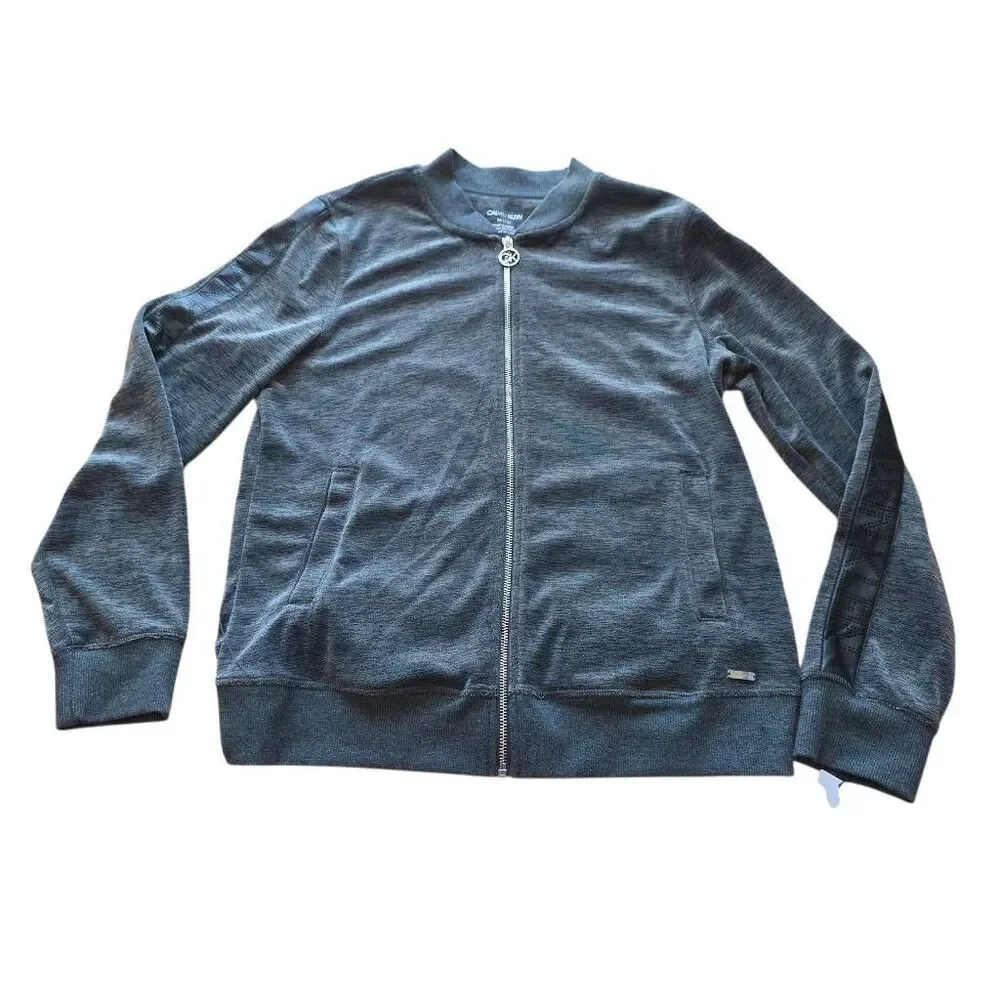 Calvin klein womens Sz M gray velour bomber jacket faux leather trim