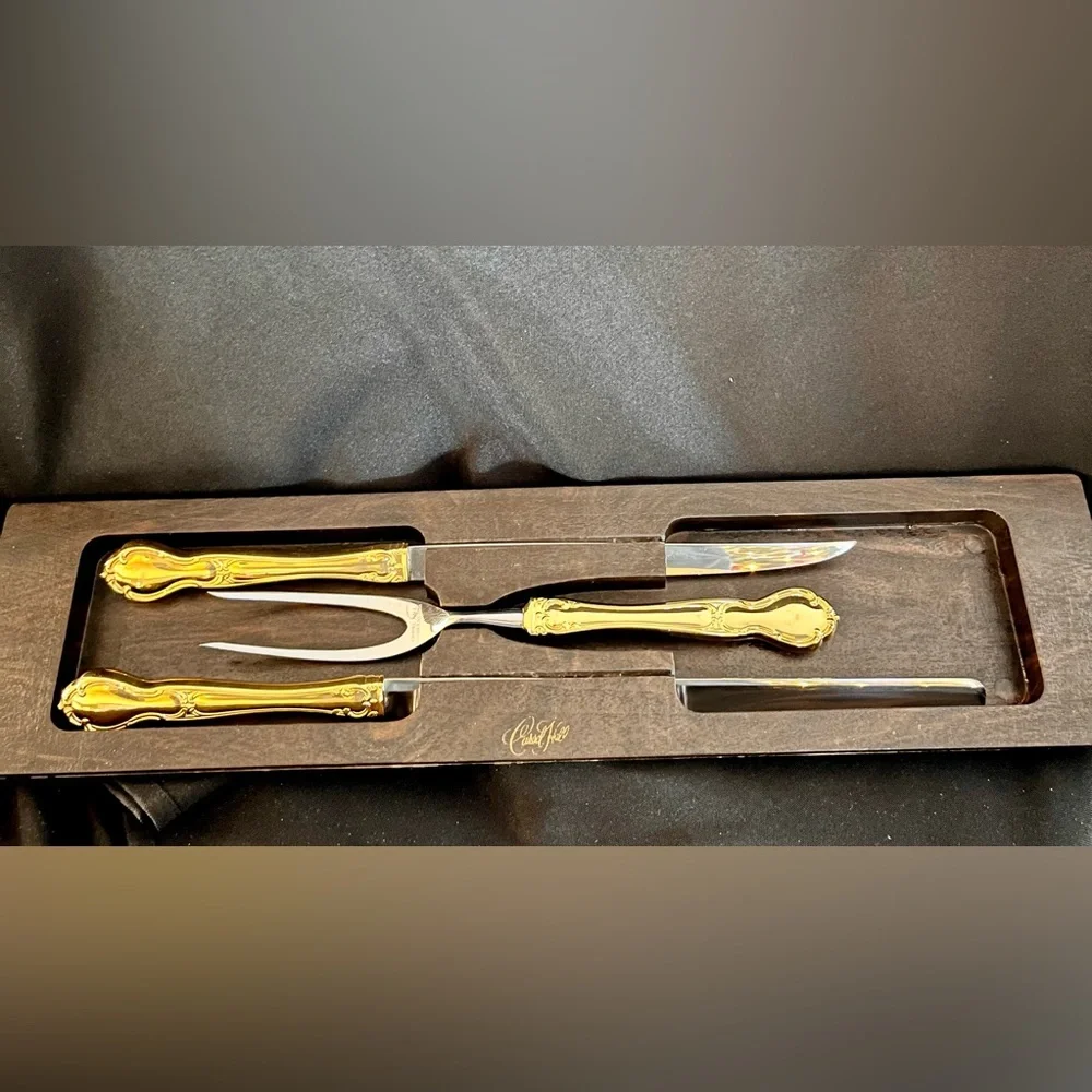 VTG Carvel Hall Gold Carving Set 3pc Mid Century Modern MCM Knife Fork Host Retr