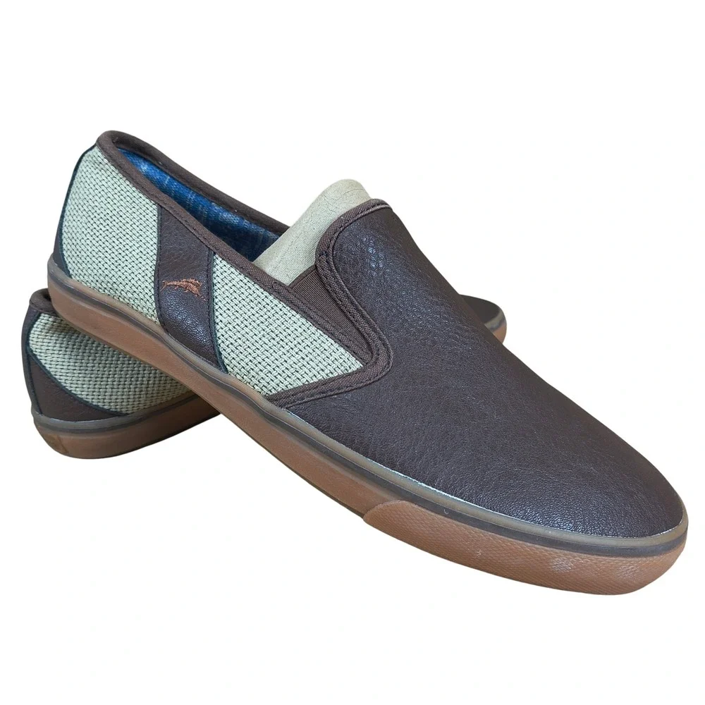 Tommy Bahama Mens Brown PU Leather Textile Slip‎ On Loafers Shoes TB7F00149 10.5