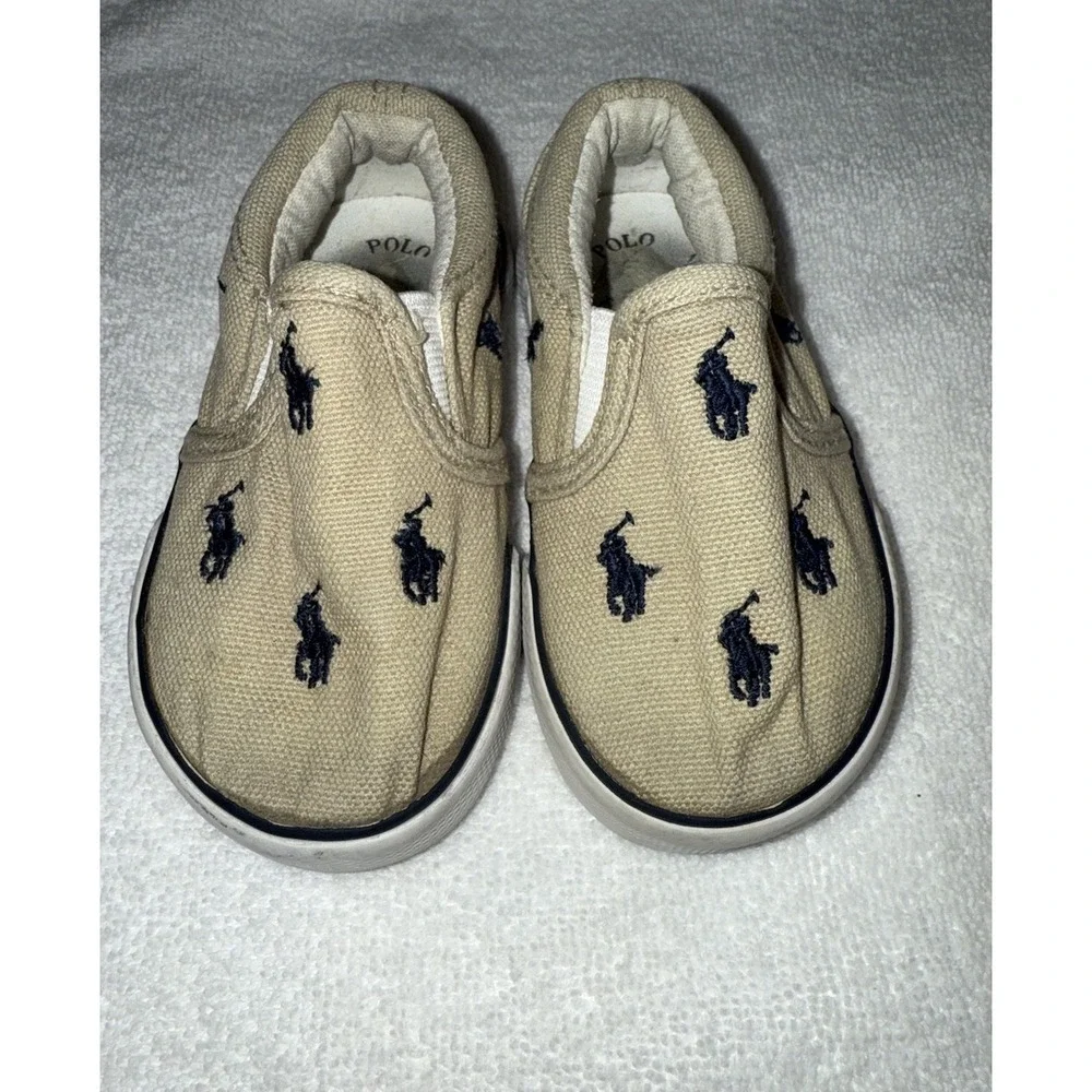 Polo Ralph Lauren Little Boys Shoes Size 5 Slip‎ On, Tan With Blue Horses