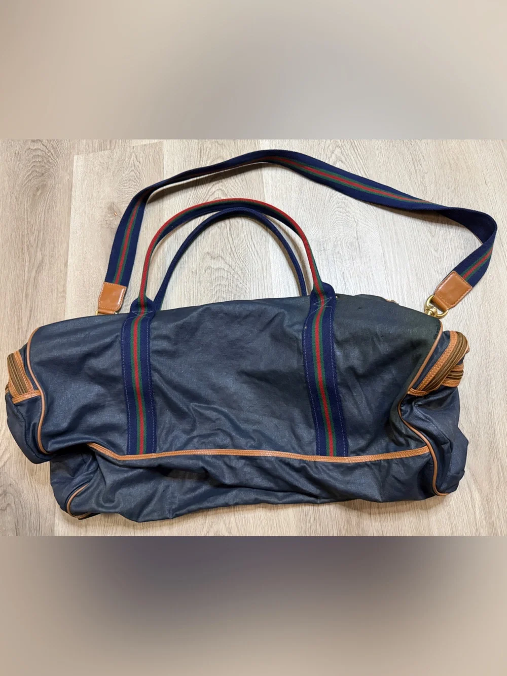 Gucci Navy Duffel Bag with Tan Leather Trim and Red-Green Stripe Webbing