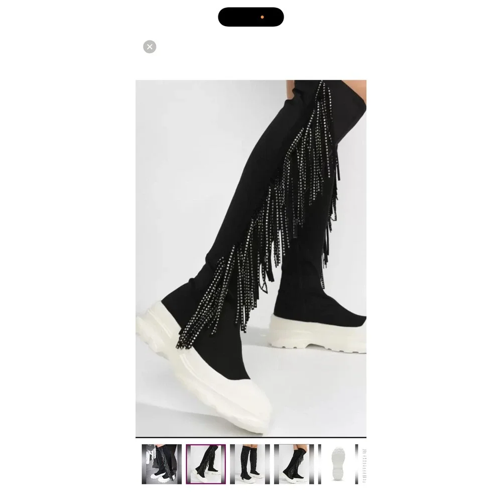 Cape Robbin Black Rhinestone Fringe Platform Knee High Boots 6 goth grunge‎