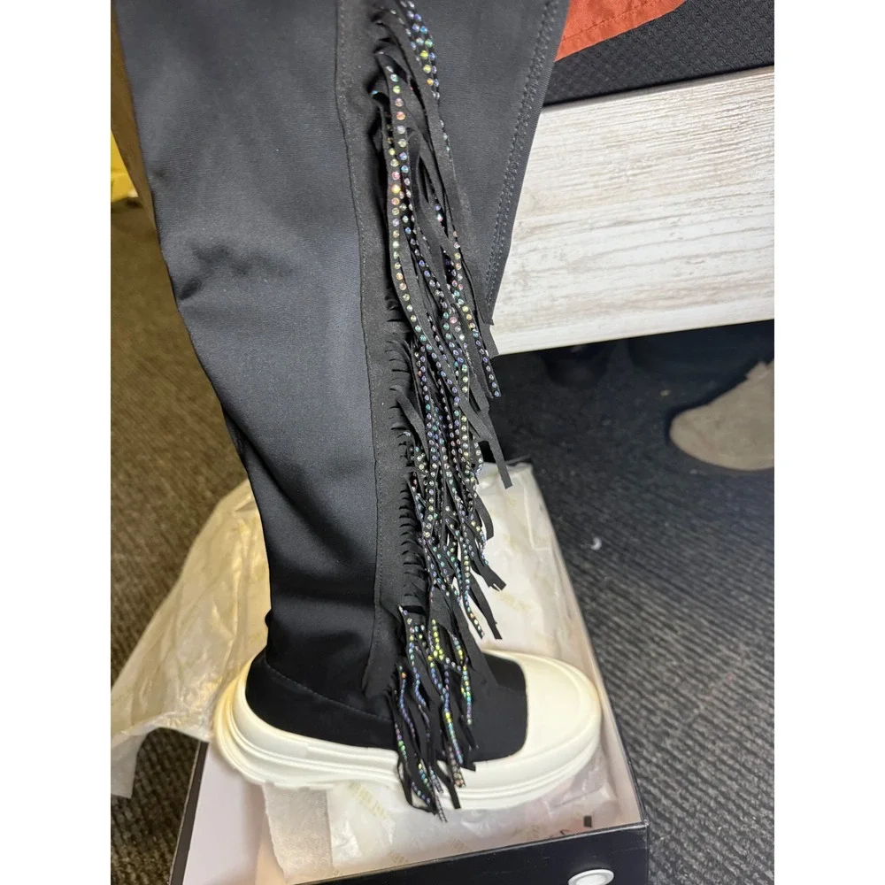 Cape Robbin Black Rhinestone Fringe Platform Knee High Boots 6 goth grunge‎