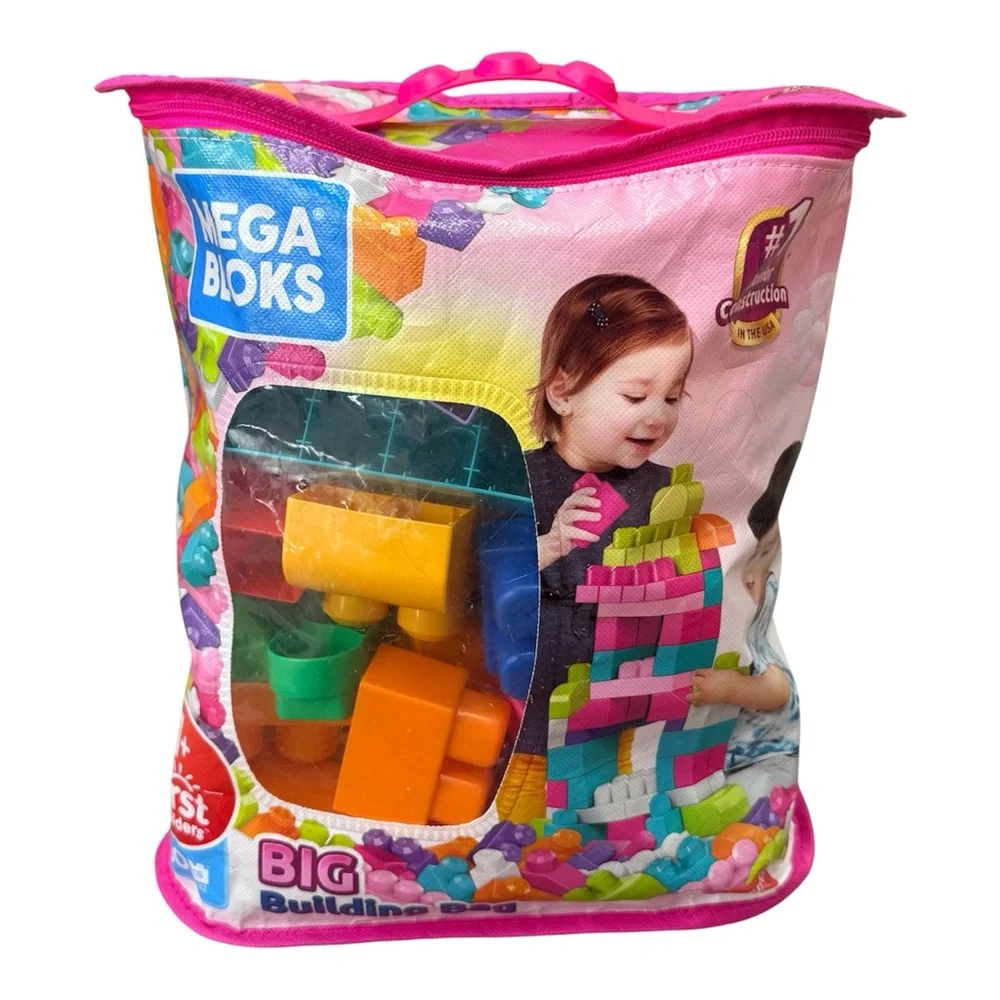 Mega Bloks Big Building Bag 80 Pc Pink Blocks w Storage Bag Complete