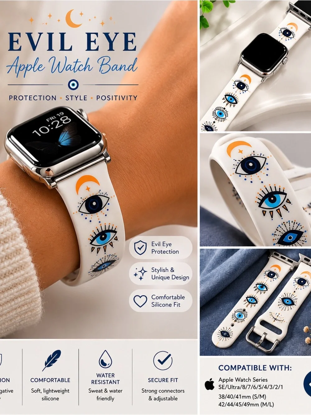 Evil Eye Silicone Apple Watch Band - White with Blue & Orange Accents