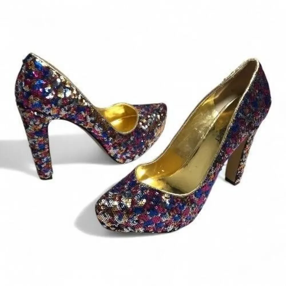 Nine West Cress Multi-Color Sequin Platform Pumps | Glam Party Heels | Size 6.5
