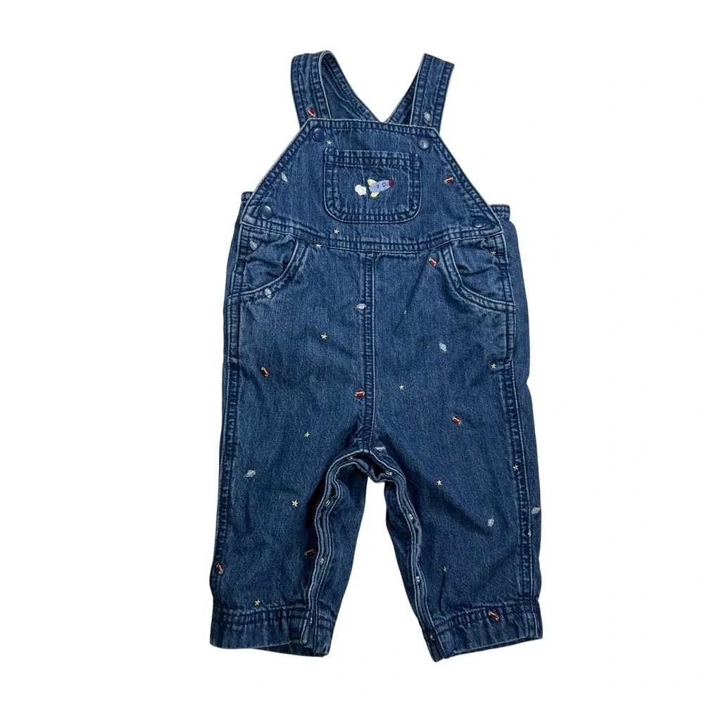 Vintage 2001 Gymboree Space Rocket Ship Denim Overalls Blue 3-6M Embroidered