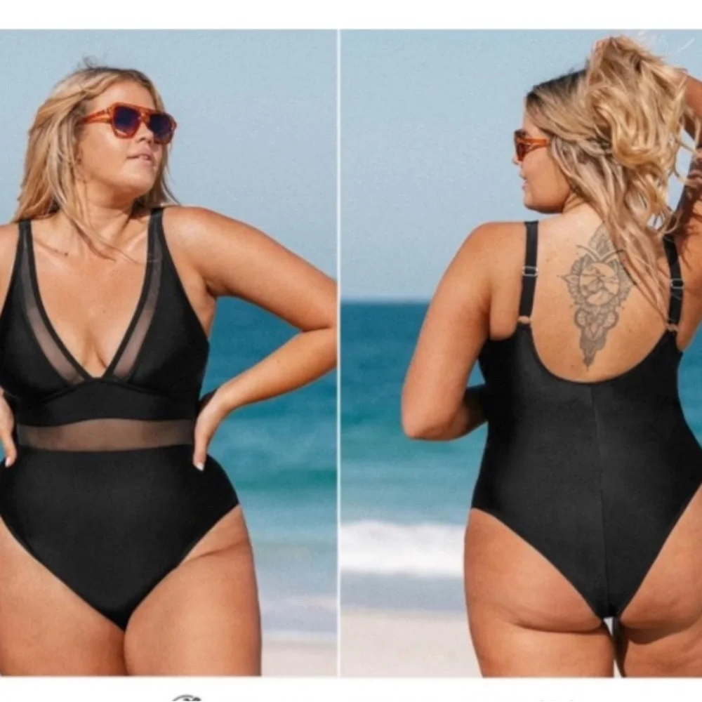 Cupshe Tummy Control Mesh Sheer V Neck Adjustable‎ Wide Straps Cheeky One Piece