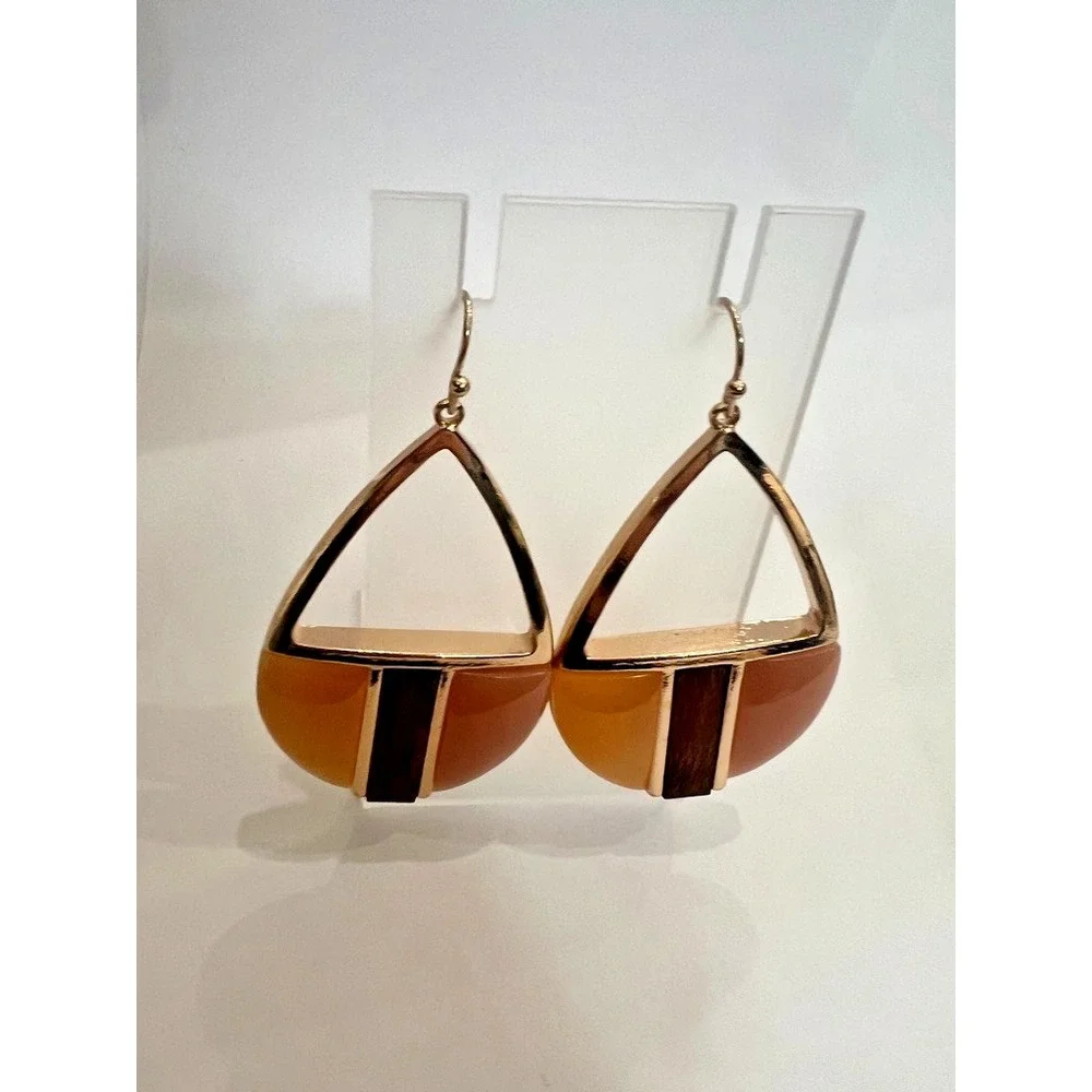 Uncas Int Gold Blush Wine Dangle Earrings Resin Wood Earth Tones Vendor Sample‎
