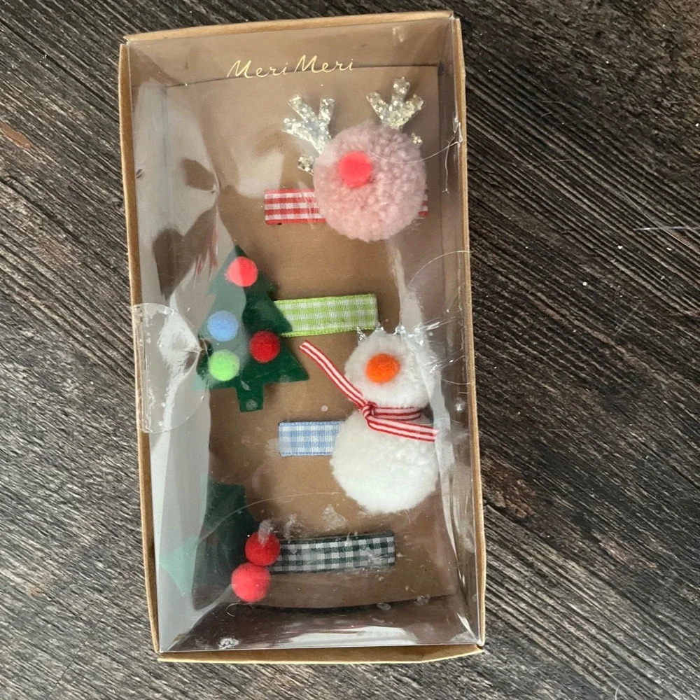 Meri Meri Christmas Holiday Hair Clips‎ Set Reindeer Snowman Tree Holly