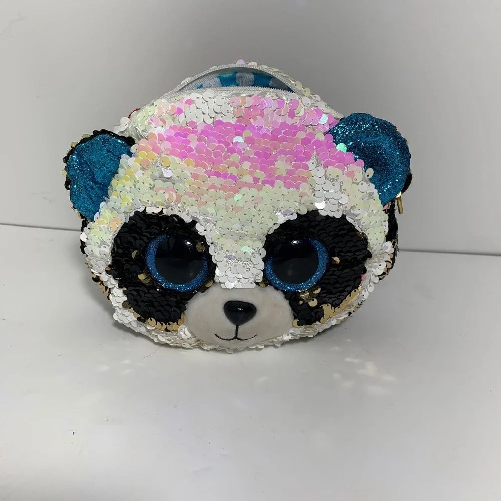 Ty Sequin Panda‎ Face Bag Purse 8” Reversible Sparkle Sequins Plush Blue Eyes