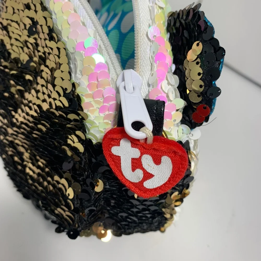 Ty Sequin Panda‎ Face Bag Purse 8” Reversible Sparkle Sequins Plush Blue Eyes