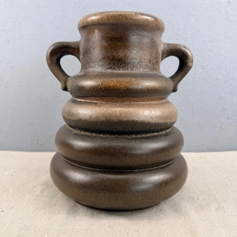 Vintage West German Pottery Vase Beehive Shape Brown Fat Lava Glaze 8
