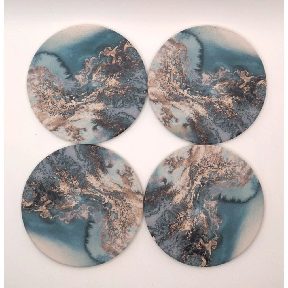 Set of 4 Abstract Coastal Marble Pattern Coasters Teal Blue Gold Cork Backing