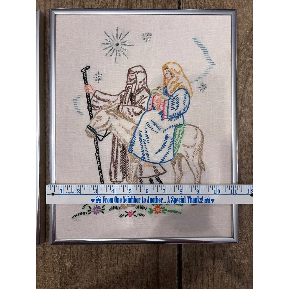 Vintage Needlepoint Completed Framed Three Wise Men + Holy Family Artwork MCM