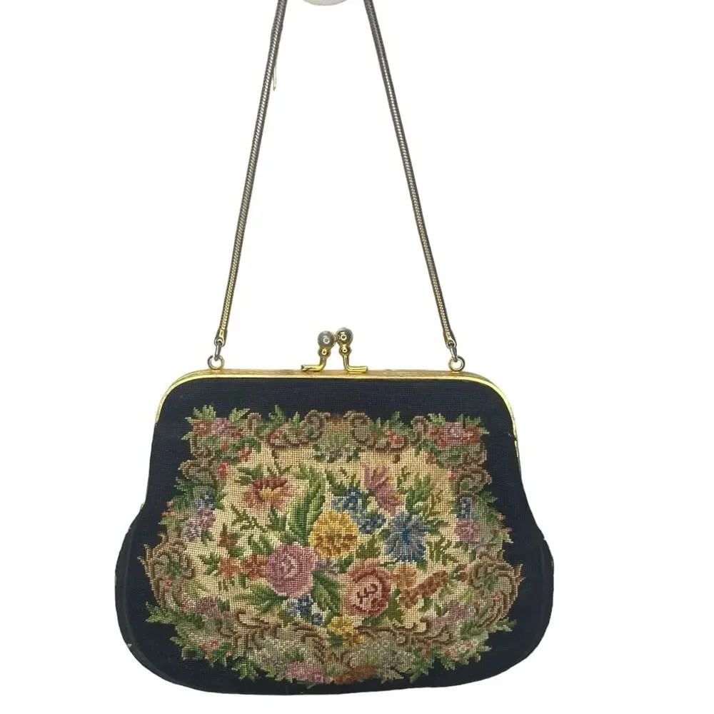 Vintage Tapestry Black Floral Needlepoint Purse Clutch Chain Strap Kiss Clasp