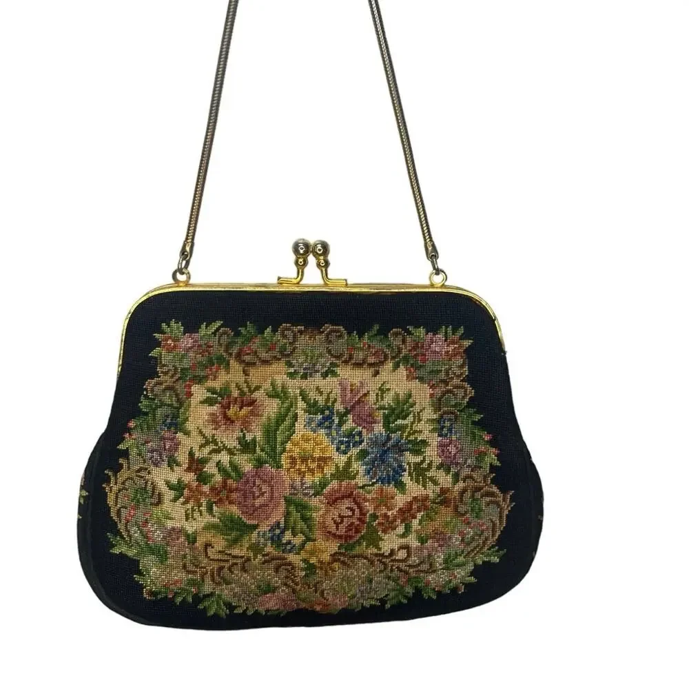 Vintage Tapestry Black Floral Needlepoint Purse Clutch Chain Strap Kiss Clasp