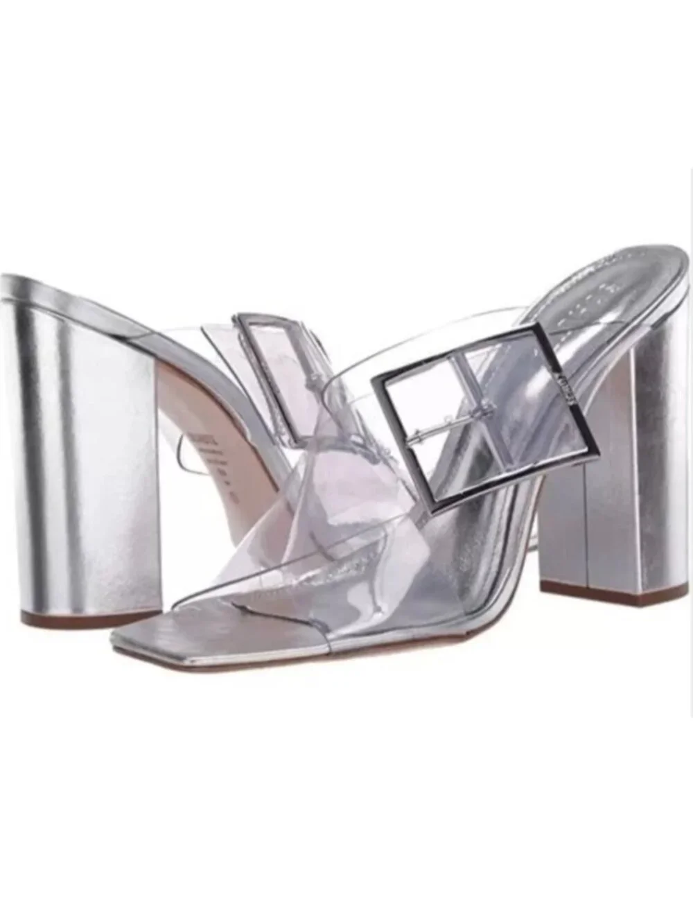 SCHUTZ Clear Vinyl Silver Block Heel Sandals 8B Square Toe Oversized Buckle