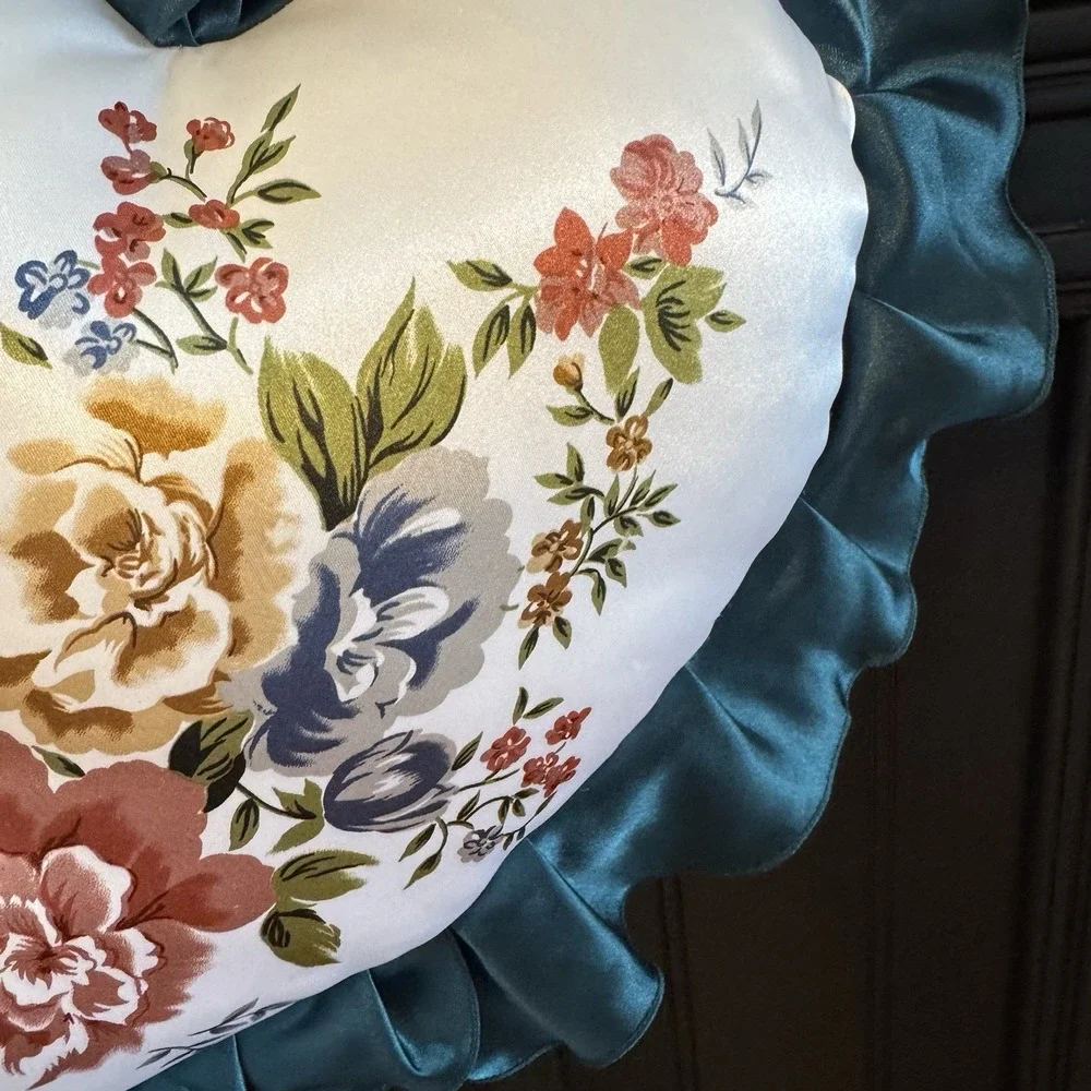 Heart Shape Throw‎ Pillow Victorian Floral Romantic Satin Ruffle Trim 17