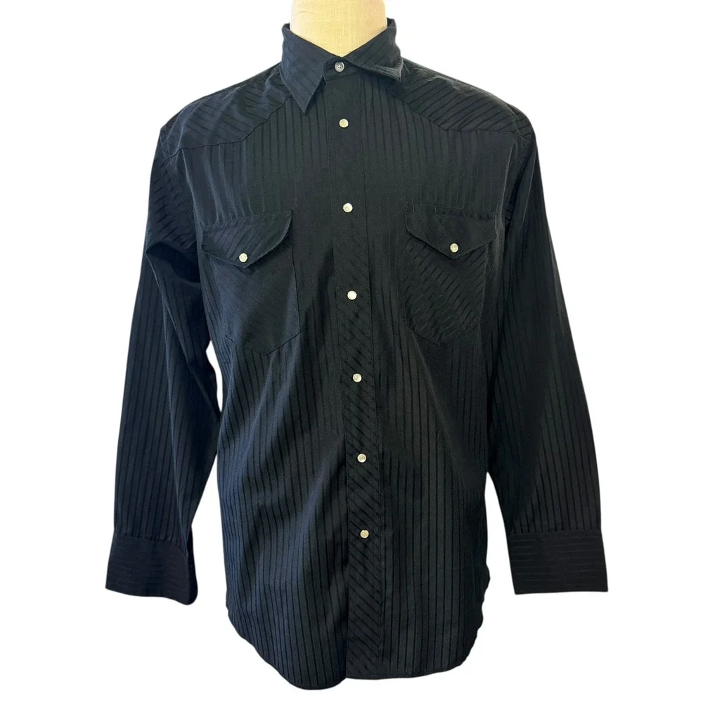 Wrangler‎ Western Shirt L Black Snap Button Striped Cowboy Rodeo Chic Darkwear