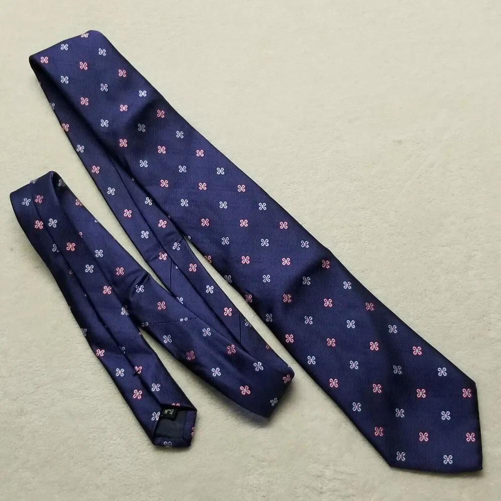Joseph Turner Tie Necktie Pure Silk Navy Blue Pink Floral Heavy Preppy Office