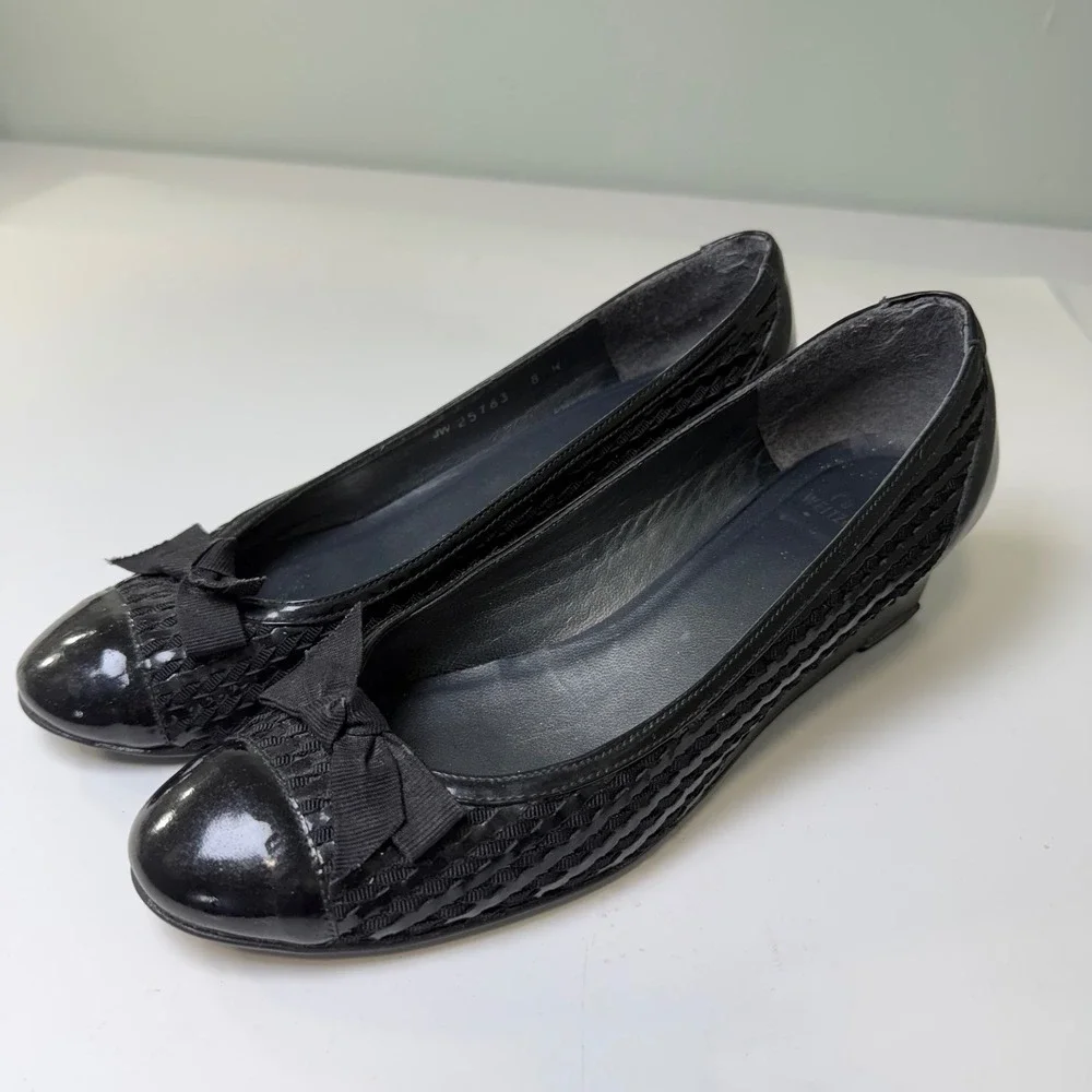 Stuart Weitzman Black Patent Woven Bow Wedge Pumps JW 25763 Size 8 M‎