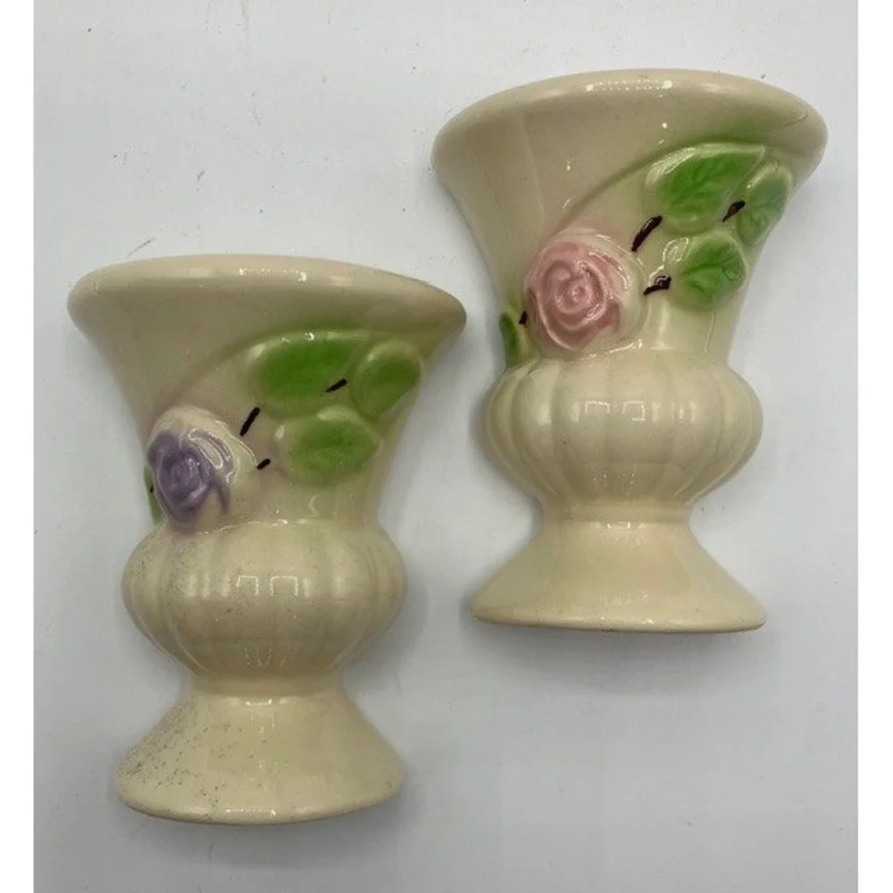 Vintage 1950's Ceramic Floral Wall Pocket Vases Cottagecore 4.25