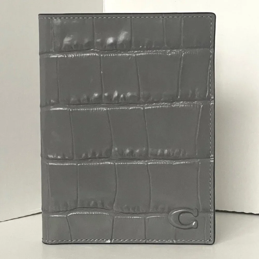 Coach Slim Passport Card Case Charcoal Croc Leather CW445
