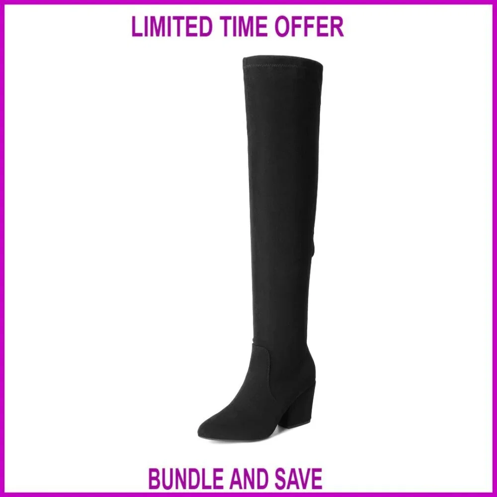 Pointed Toe Thigh High Boots Chunky Block Heel Over the Knee