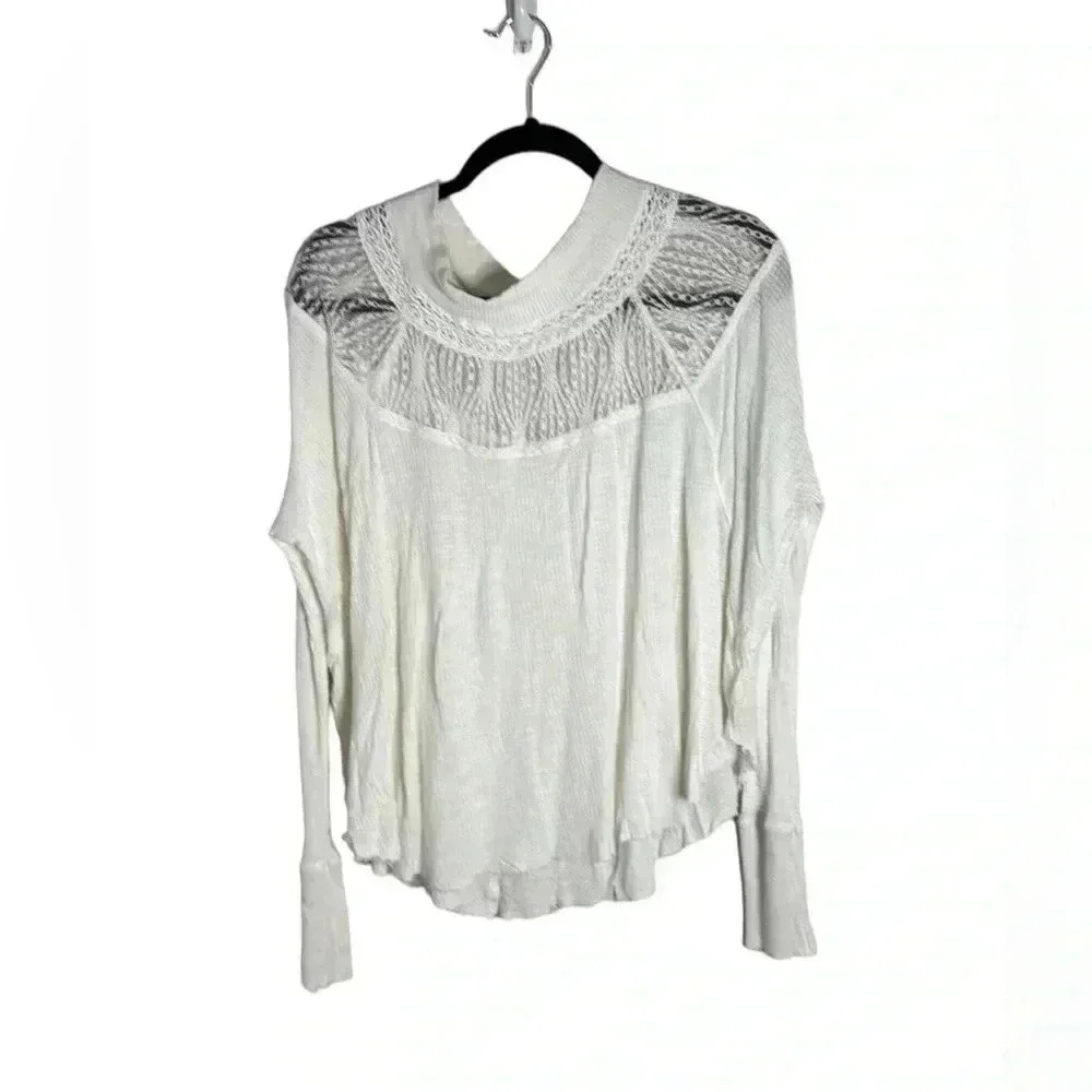 Free People Spring Valley Thermal Long Sleeve Shirt White Lace Size Medium