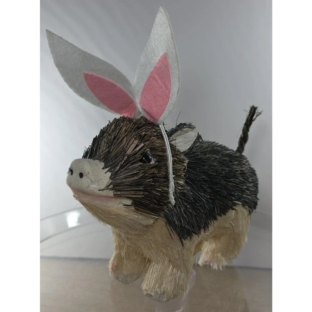 Easter Brown White Wood Bristle Pig with Rabbit Bunny Ears 5 x‎ 7 x 3