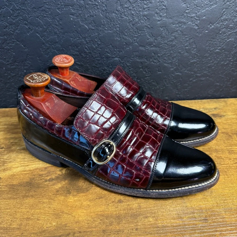 Stacy Baldwin 13803 Burgundy Black Croc Patent Leather Monk Strap Mens 9 D