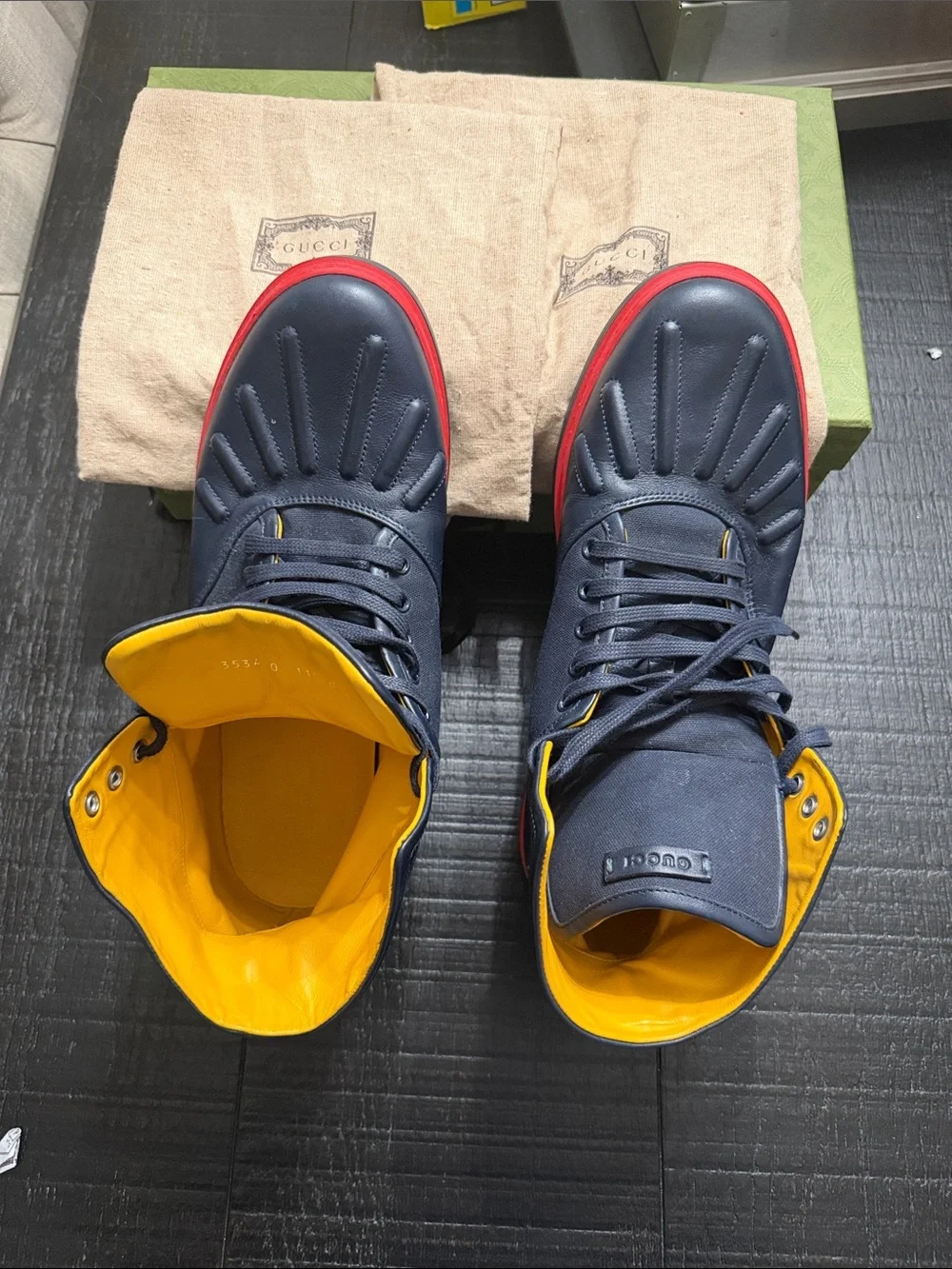 Gucci Navy Blue and Yellow Sneakers with Red Soles
