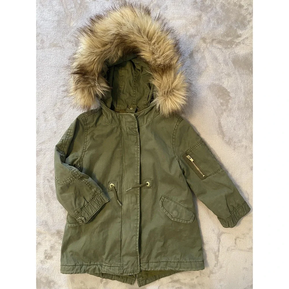 Gap Parka Coat Toddler Girls 2T Green Faux Fur Hood Canvas Lined Zip Pockets‎