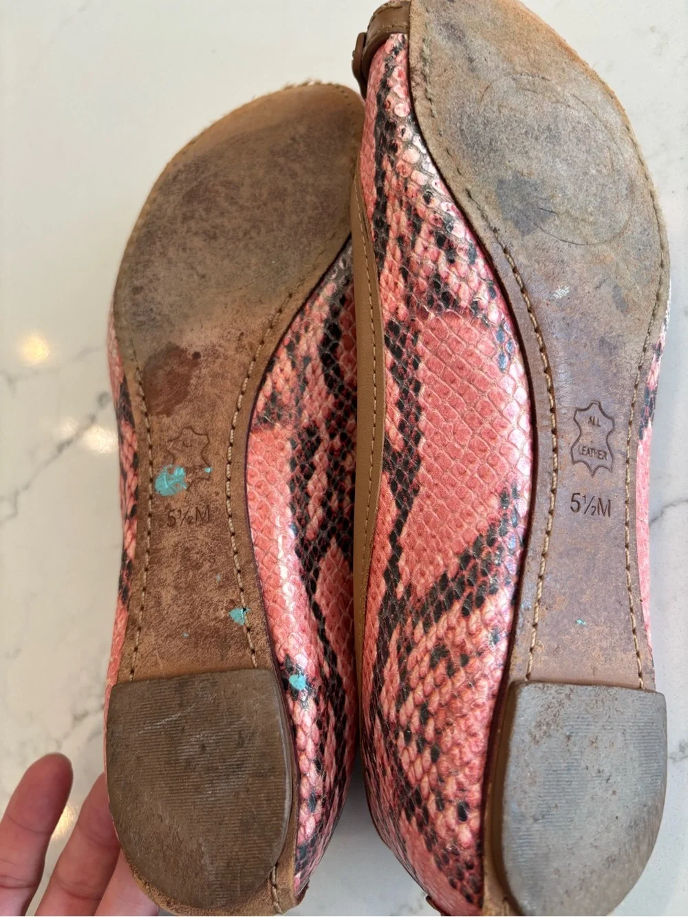 Tory Burch Pink Snakeskin-Print Leather Logo Ballet Flats with Tan Trim CT