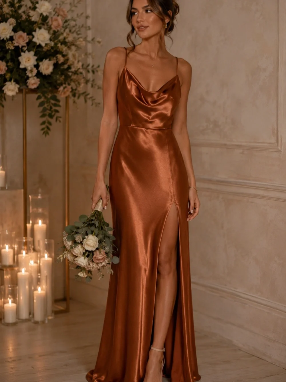Birdy Grey Copper Satin Cowl Slip Maxi Dress with Thigh Slit