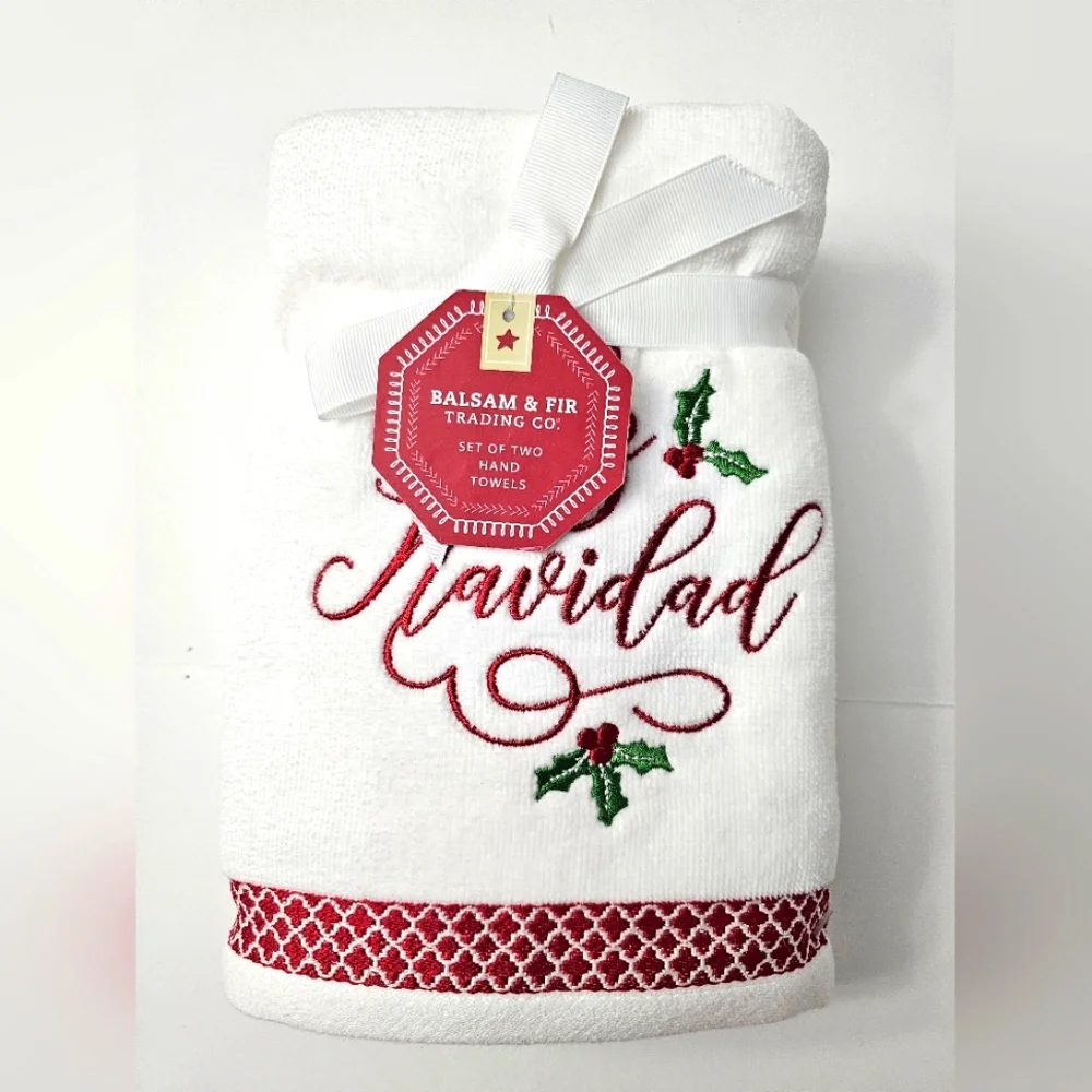 2pc BALSAM & FIR Holiday Hand Towels - 100% Cotton - White/Red/Green