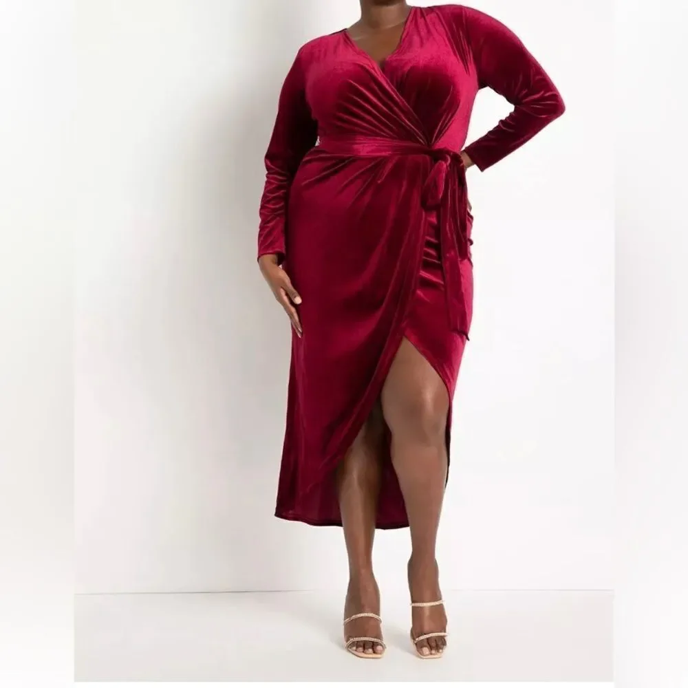NWT Deep Wine Velvet Wrap Dress With Tie