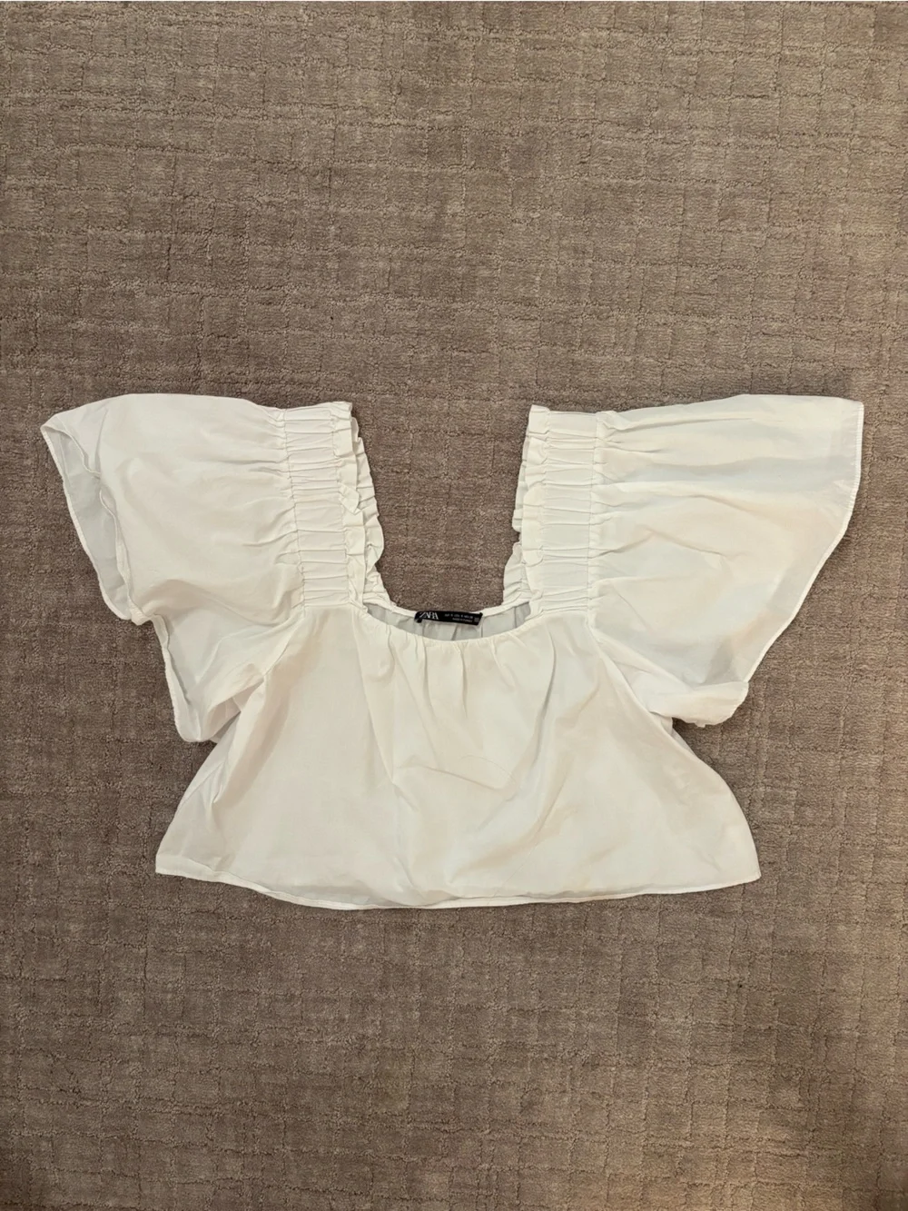 Zara White Puff Sleeve Cropped Peasant Top