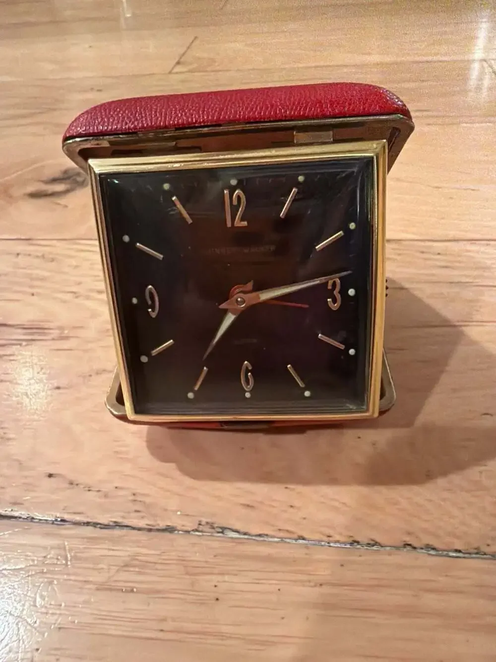 Vintage‎ Phinney-Walker Travel Alarm Clock with Red Leather Folding Case