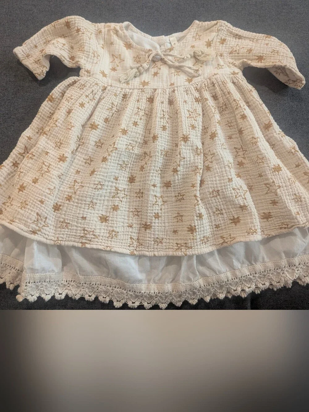 Wild Wawa Cream Star-Print Girls' Casual Dress with Lace Hem