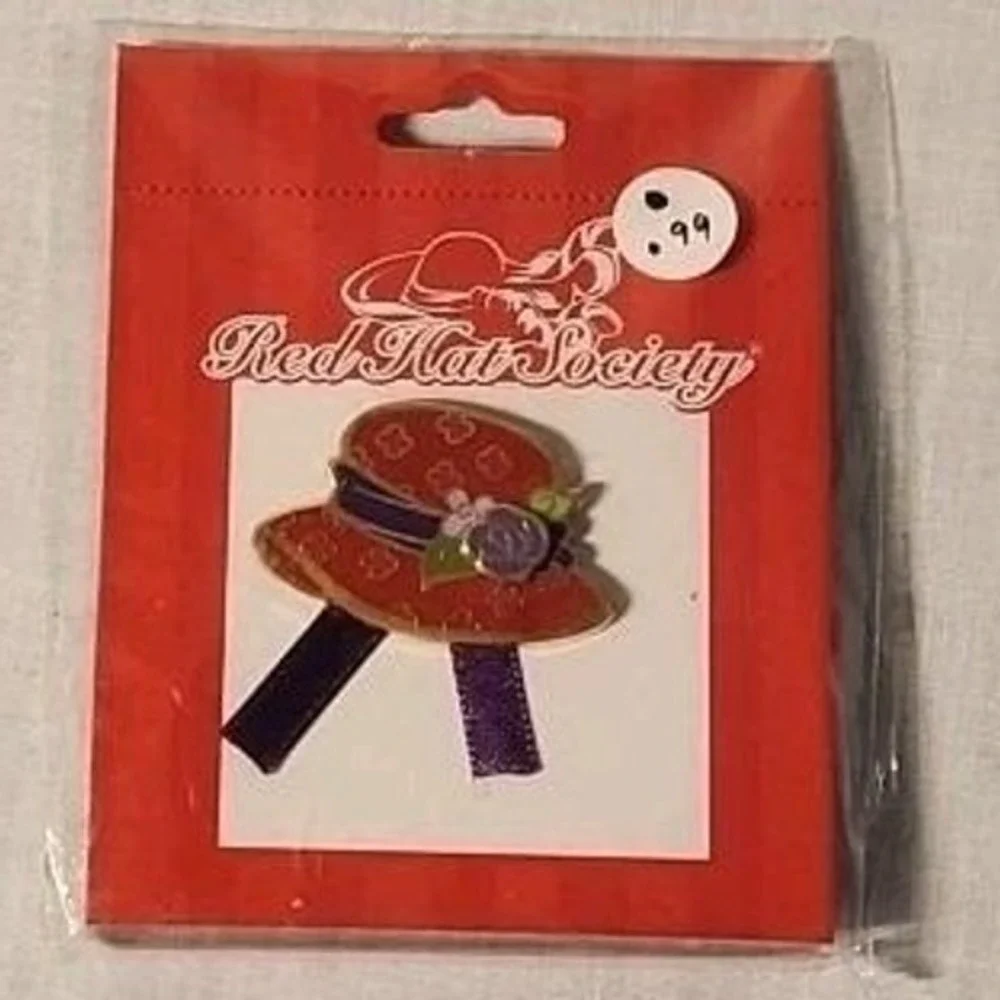 Vintage‎ Red Hat Society Enamel Hat Brooch Red Purple 2004 New in Package